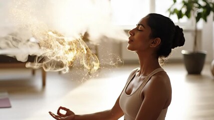 Woman sits in meditation pose during breathing exercise. Ethereal smoke transforms to golden light around her serene face. Mindfulness and inner peace concept for wellness advertising footage.