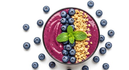 A vibrant smoothie bowl topped with fresh blueberries, granola, and mint leaves, surrounded by scattered blueberries