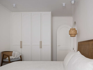 Modern luxury bedroom interior in minimal scandinavian style, 3d render