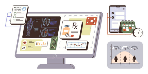 Computer screen displaying medical data, prescription management, and analysis tools. Smartphone with a health app, calendar, and clock. Ideal for healthcare, analytics, innovation technology