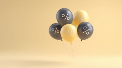 Colorful balloons in black and yellow with percentage symbols, floating against a soft pastel background, ideal for promotional sales and discounts