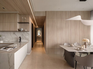 Modern luxury kitchen interior in minimal scandinavian style, 3d render © arkadij