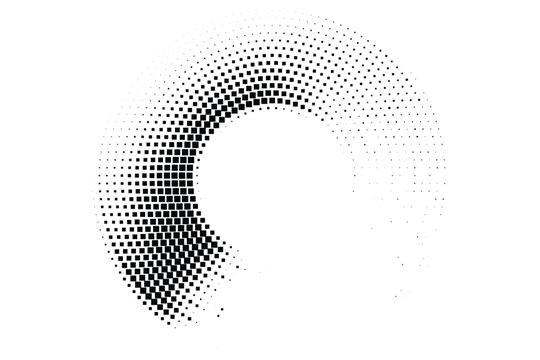 Abstract halftone semi-circle gradient ring design, dotted monochrome circular fade pattern, modern minimal vector background with dynamic geometric curve and smooth transition