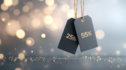 Discount tags displaying 25 and 55 off, suspended against a blurred background of shimmering lights, creating a festive shopping atmosphere