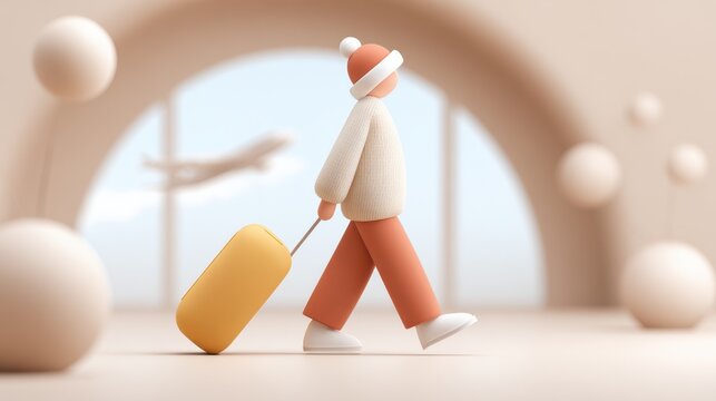 3D illustration of a character walking with a yellow suitcase in a minimalistic environment, evoking travel and adventure themes