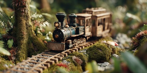 Miniature Train Adventure: A charming miniature train traverses a moss-covered landscape, evoking a sense of nostalgic exploration and adventure.