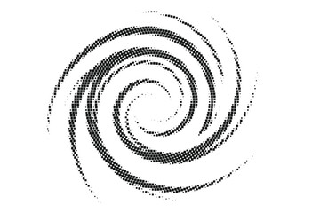 Monochrome halftone swirling spiral pattern with curved dotted strokes forming a dramatic vortex effect, abstract motion design perfect for posters digital art futuristic concepts and modern geometric