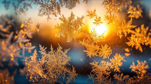 Intricate frost patterns bloom across a glass surface illuminated by the bright morning sun. - Powered by Adobe