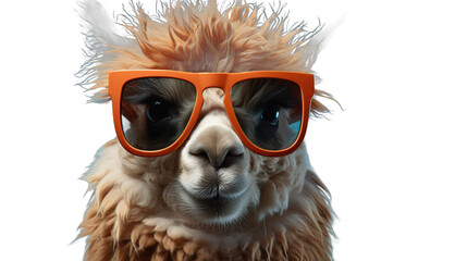 A Cool Alpaca Wearing Bright Orange Sunglasses in a Close-Up Portrait