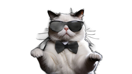 A dapper white and black cat wearing a black bowtie and sunglasses against a black background