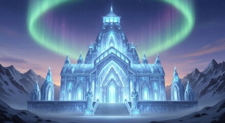 Obraz premium Majestic Ice Palace Under the Aurora Borealis in a Snowy Landscape.