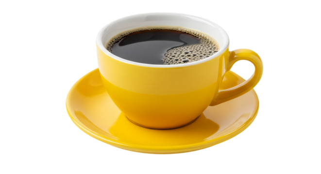 A bright yellow cup of coffee on a matching saucer