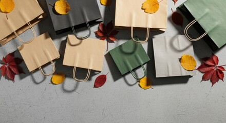 Overhead view of shopping bags with autumn leaves on concrete floor for Cyber Monday weekend concept