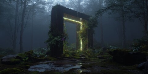 Mystical Portal in the Forest: An old stone archway, wreathed in mystical glowing light, stands amidst a shadowy, misty forest. The evocative scene invites contemplation and wonder.