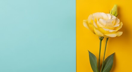 Single yellow rosebud with green leaves on a split background