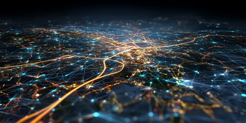 Network Cityscape: An abstract perspective of a cityscape, interconnected with a network of digital lines that illuminate the night, reflecting the complexity and dynamism of modern urban life.