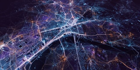 Nighttime Network: A mesmerizing aerial perspective unveils a luminous web of city lights, interweaving into a vibrant display of urban energy and connectivity. 