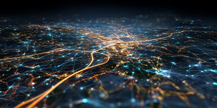 Network Cityscape: An abstract perspective of a cityscape, interconnected with a network of digital lines that illuminate the night, reflecting the complexity and dynamism of modern urban life.