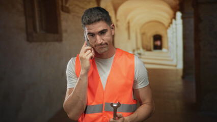 Man in orange safety vest holding wrench and talking on phone in an old building corridor; concern...