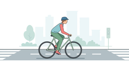 Fototapeta premium Man Riding Bicycle on City Street Crossing Urban Transportation and Healthy Lifestyle Concept