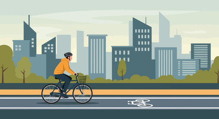 Fototapeta premium Modern Cityscape Commute Person Cycling Past Drones on Street Sustainable Urban Transport Concept