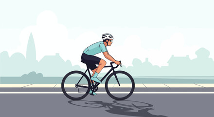 Fototapeta premium Active Man Cycling on a Sunny Day Along City Street with Buildings and Sky Vector Illustration