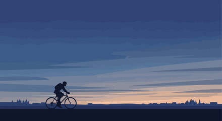 Fototapeta premium Silhouette of a Cyclist Riding into a Colorful Sunset Sky Over a City Skyline