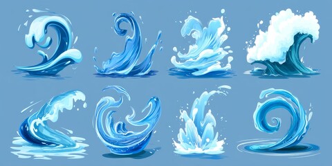 Fototapeta premium Oceanic Rhapsody: A stylized composition presents the dynamic energy of ocean waves in various artistic expressions, showcasing the flowing nature of water and the beauty of liquid forms.