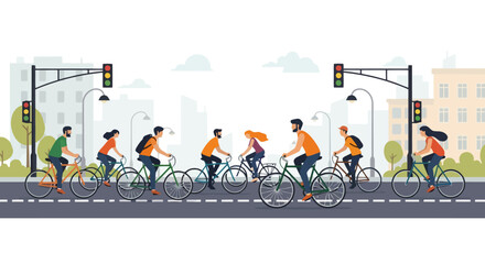 Diverse Group of Friends Cycling on City Street with Traffic Lights and Buildings