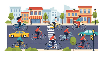Diverse group of people cycling through a vibrant city street with cars and buildings promoting sustainable urban transportation and healthy lifestyle