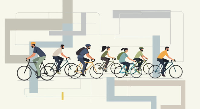 Diverse Group of People Cycling Together in a Modern Abstract Urban Landscape with Geometric Shapes