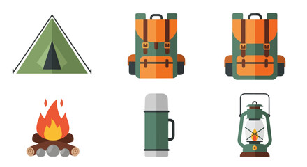 Flat Design Camping Icons Tent Backpacks Campfire Thermos Lantern Outdoor Adventure Gear Set
