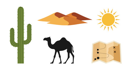 Desert Landscape Icons Cactus Camel Sand Dunes Sun and Map for Travel and Adventure Concepts
