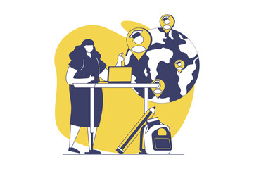 Online education web concept with flat people for website design. Woman learning at international course with global students, watching video lessons and seminars distantly. Vector illustration.