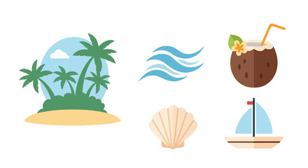 Tropical Island Paradise Vacation Icons Palm Trees Ocean Waves Coconut Drink Seashell Sailboat Set of 5 Flat Illustrations