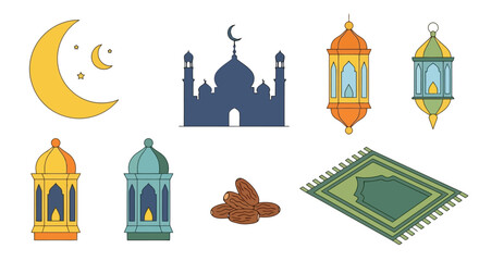 Ramadan Kareem Icons Set Crescent Moon Mosque Lanterns Dates Prayer Mat Flat Vector Illustration for Islamic Holidays and Celebrations