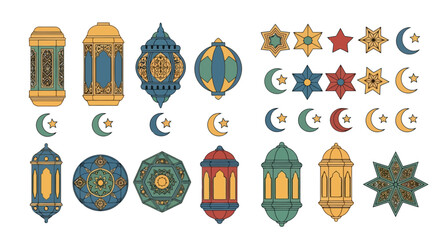 Ramadan Lanterns and Islamic Geometric Patterns Collection Festive Vector Illustrations for EID Celebrations and Middle Eastern Design