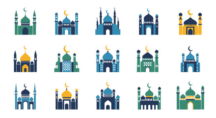 Islamic Mosque Set Collection of Diverse Flat Vector Illustrations for Religious and Cultural Projects