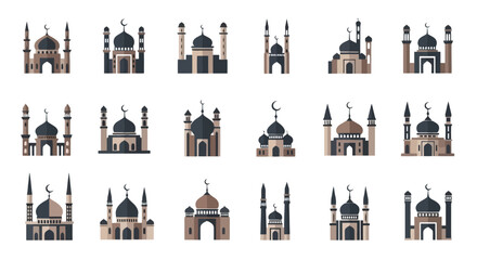Collection of Islamic Mosque Buildings Vector Illustrations Islamic Architecture Symbols and Icons