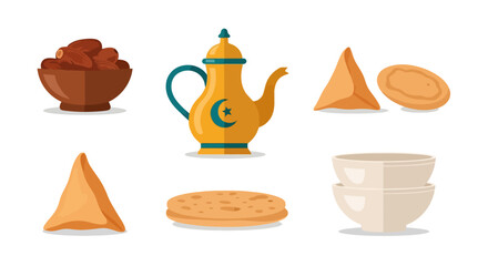 Iftar Food Icons Dates Samosas Arabic Coffee Pot Flatbread Bowls Ramadan Eid Celebration