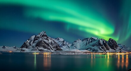 Spectacular aurora borealis dancing over snowcapped mountains and a tranquil fjord