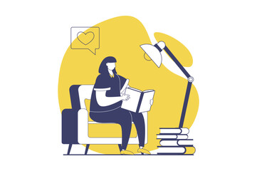 People reading book web concept with flat people for website design. Woman reads literature while sitting in armchair under lamp, reader enjoying hobby with different texts. Vector illustration.