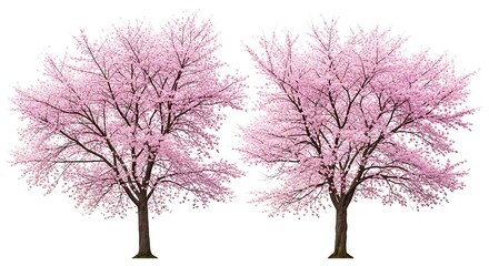 Two delicate cherry blossom trees in full bloom with vibrant pink flowers