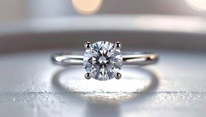 Classic diamond solitaire engagement ring on light background, minimal and elegant. Ideal for proposal, wedding, luxury jewelry, romance, bridal accessories, and marriage celebration.