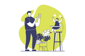 People sit in gadgets web concept with flat people for website design. Man interacting with entertainment content in mobile app, distracting himself and ignoring his little son. Vector illustration.
