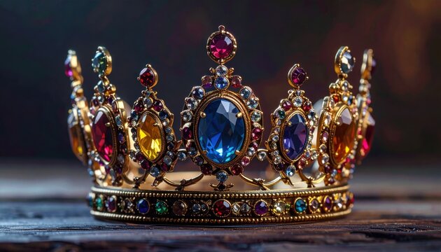 Golden crown with colorful gemstones, artistic light. Ideal for royalty, pageant, award, luxury, regal, ceremony, exclusive jewelry, princess, throne, collection.