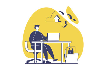 SaaS web concept with flat people for website design. Man using software as a service, making optimization between laptop and datacenter, online processing and data connecting. Vector illustration.