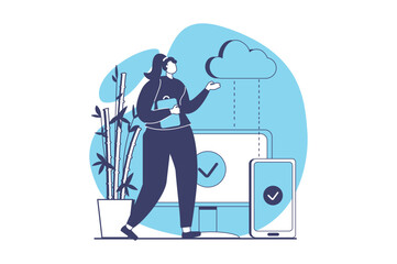 SaaS web concept with flat people for website design. Woman using software as a service, making optimization between computer and mobile phone, doing sync and online backup. Vector illustration.