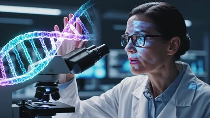 Female scientist peering into microscope with glowing DNA strand emerging. Digital genetic manipulation and biotechnology innovation concept for scientific discovery footage. - Powered by Adobe