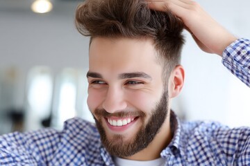 Obraz premium Young man with stylish beard and perfectly sculpted hair smiles, hand confidently adjusting modern hipster-style.